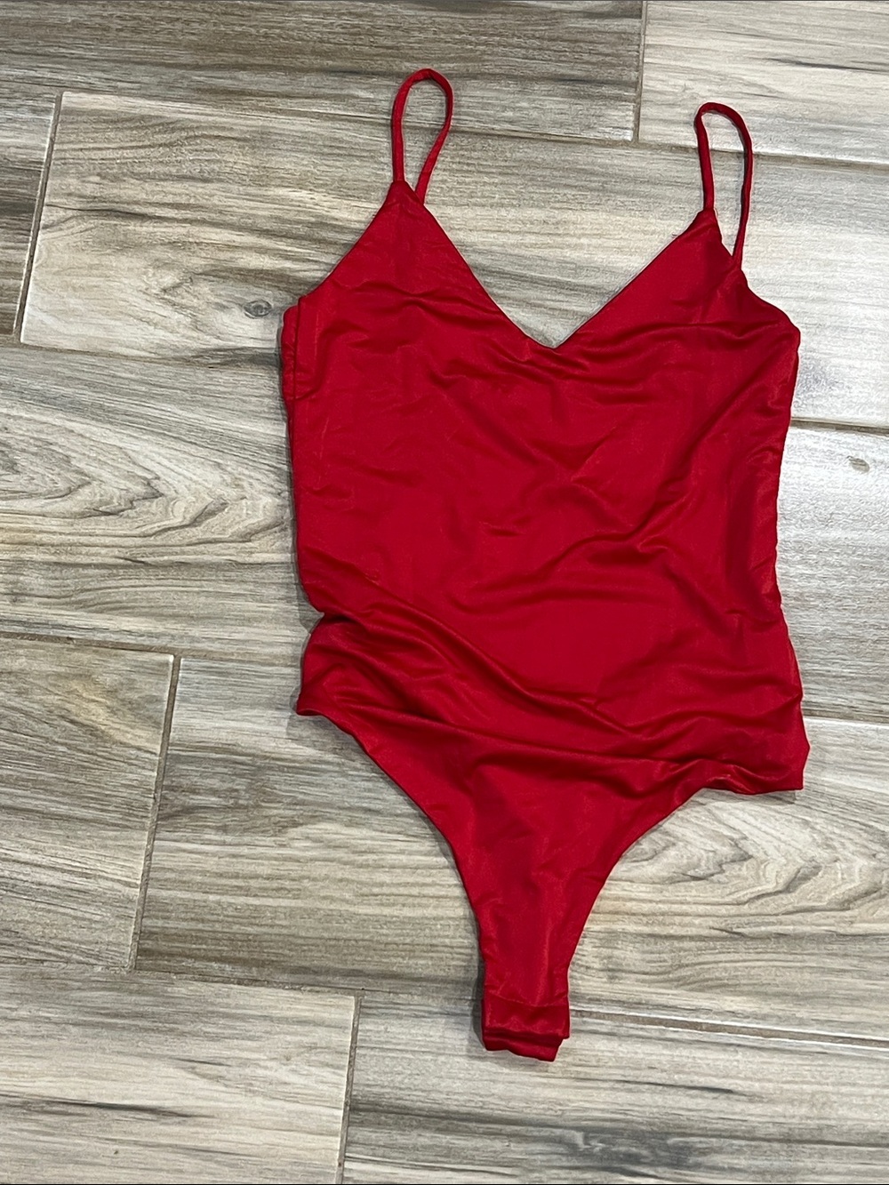 Mind Code Red V-Neck Bodysuit with Spaghetti Straps